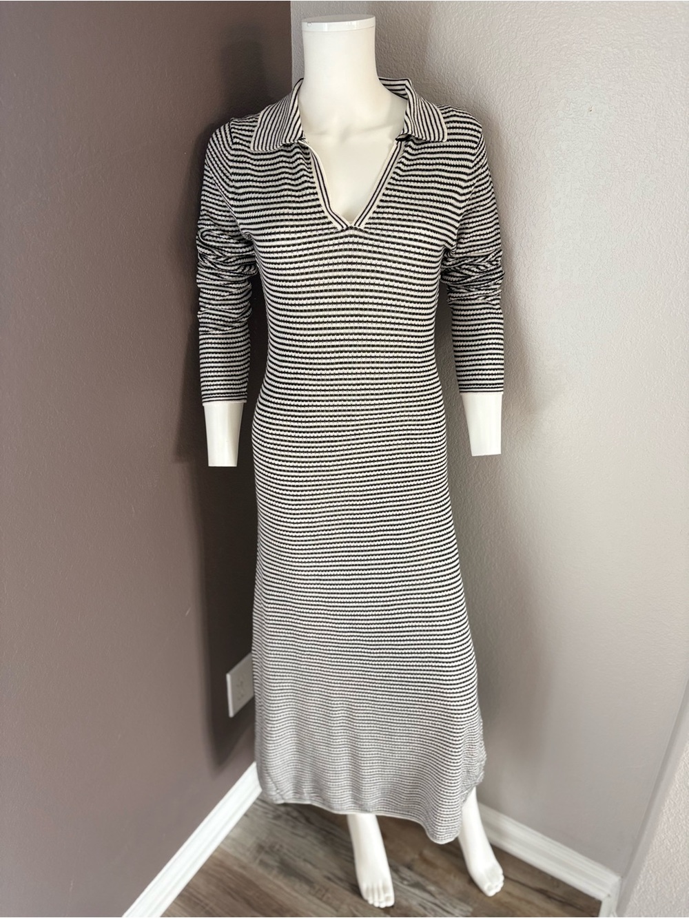 a new day Black and White Striped Collared Knit Maxi Dress